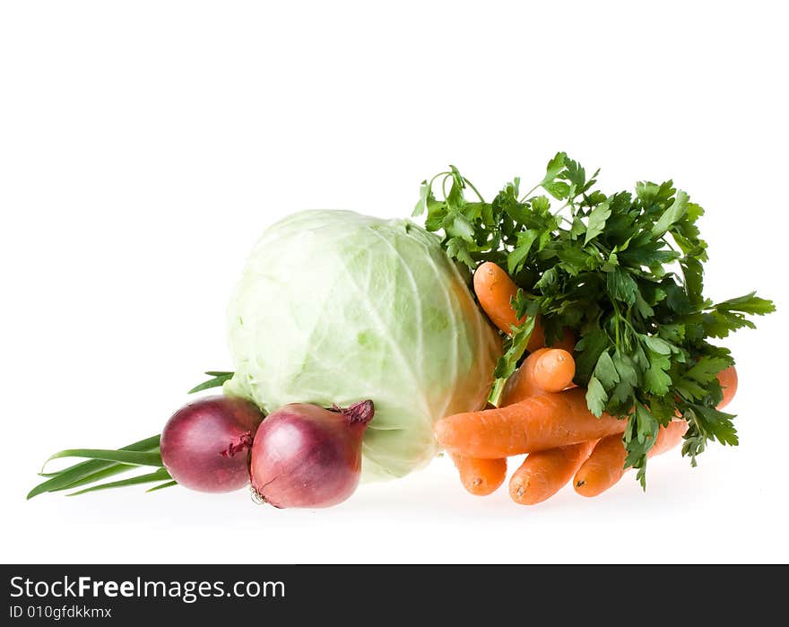 Fresh rav vegetables on a white background. Fresh rav vegetables on a white background