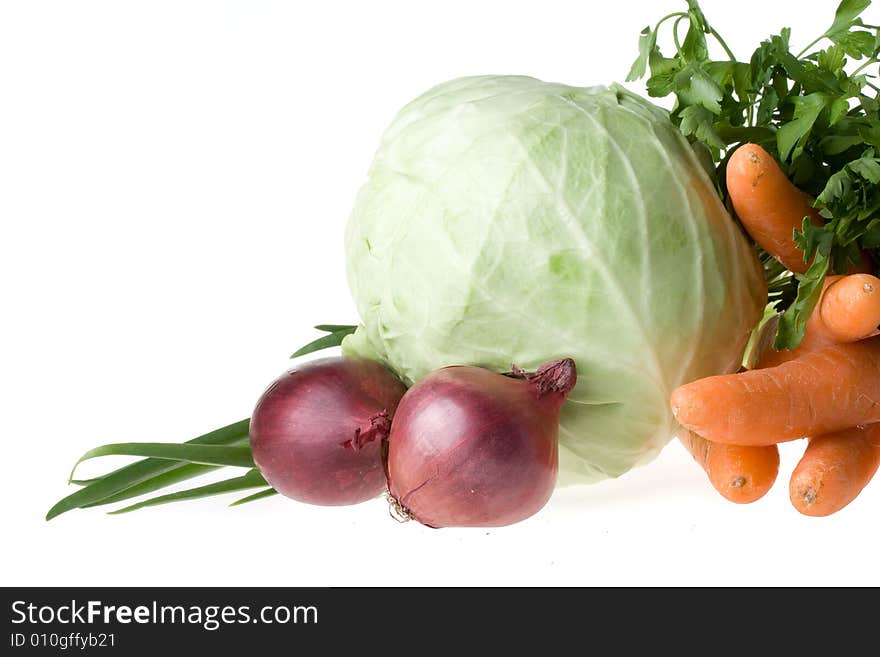 Fresh rav vegetables on a white background. Fresh rav vegetables on a white background