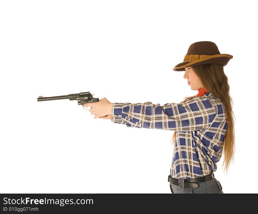 An isolated photo of a cowgirl with a gun