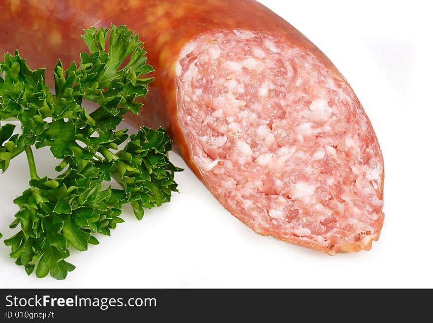 Smoked sausage on bright background. Smoked sausage on bright background