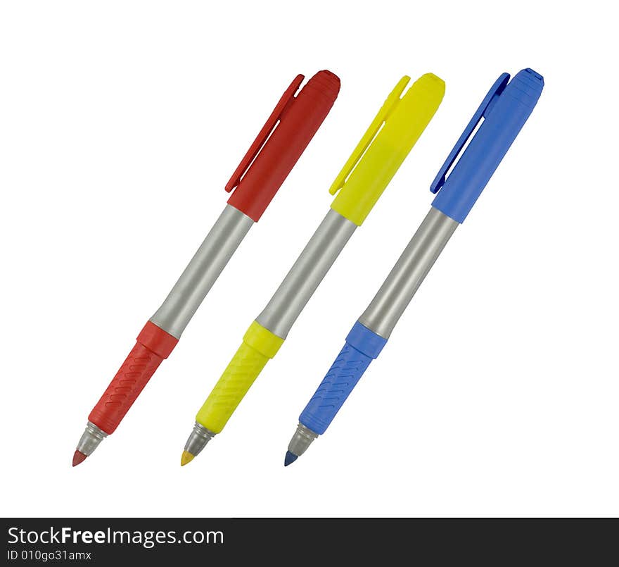 Primary colored markers isolated on white background