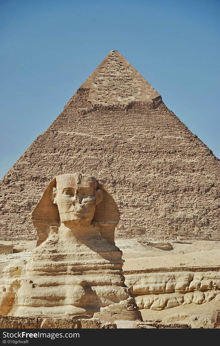 The Sphinx photographed against the Chephren pyramid. Giza, Cairo, Egypt. The Sphinx photographed against the Chephren pyramid. Giza, Cairo, Egypt.