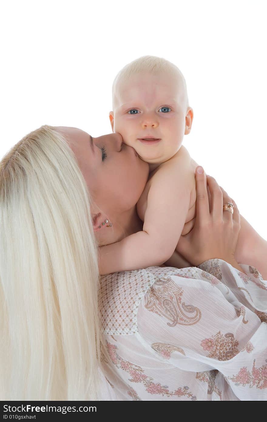 Happy mother with baby over white