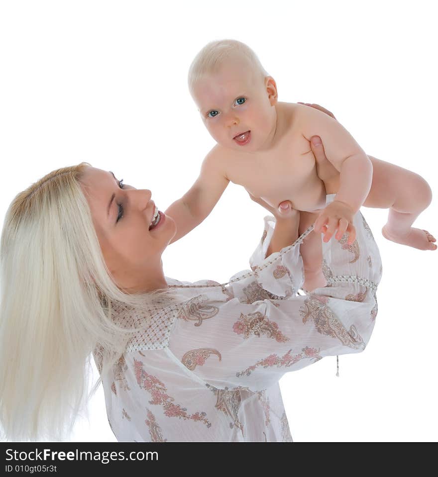 Happy mother with baby over white