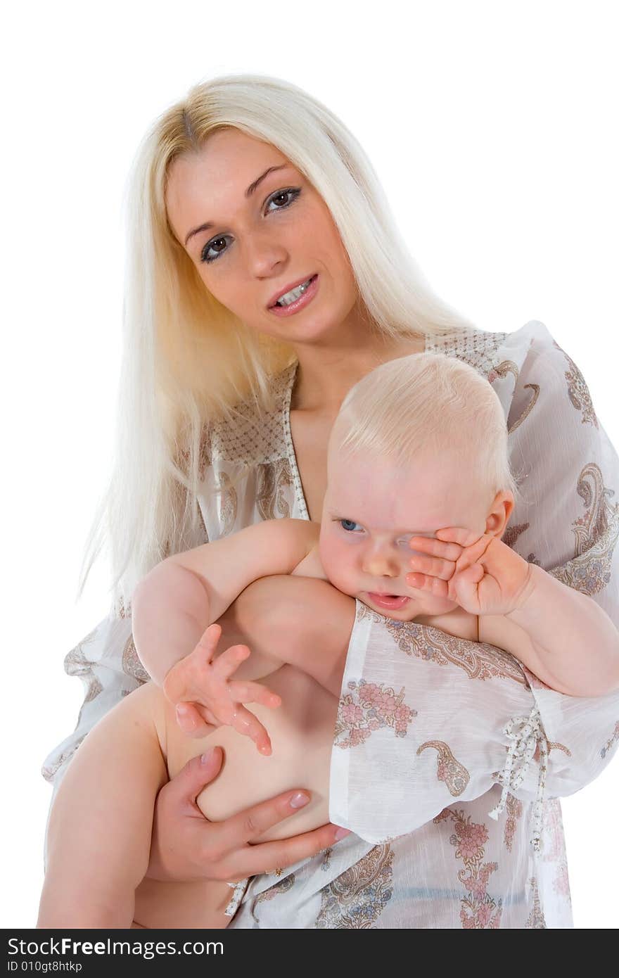 Happy mother with baby over white