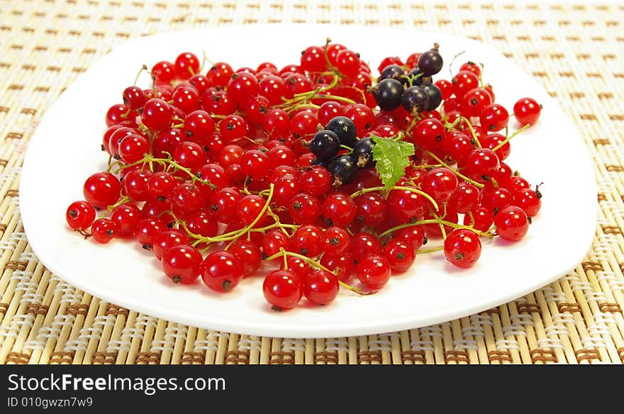 Red and black currant on a white plate. Red and black currant on a white plate