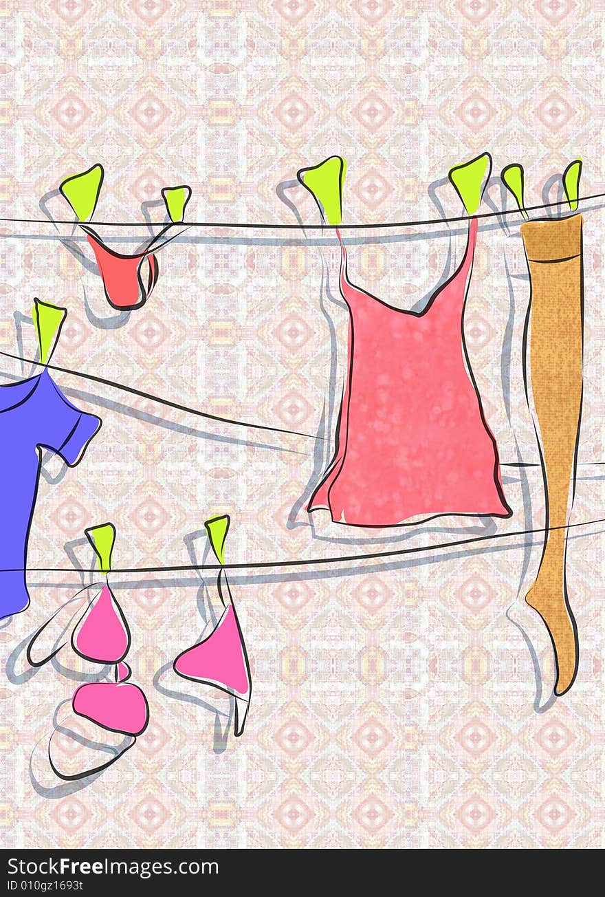 Laundry, like panties, sock and underpants are on a line. Laundry, like panties, sock and underpants are on a line