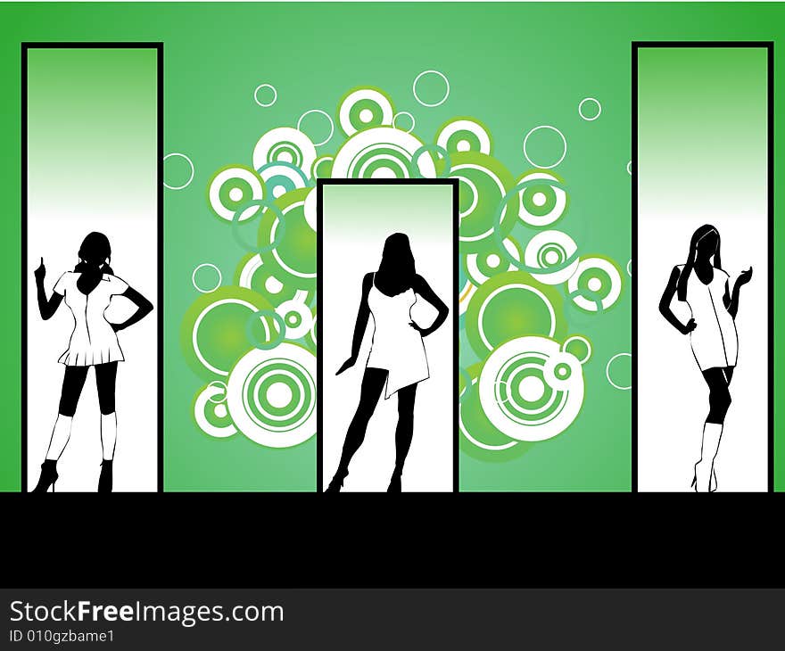 Three hot girls posing around and dancing with green backround and bubbles. Three hot girls posing around and dancing with green backround and bubbles