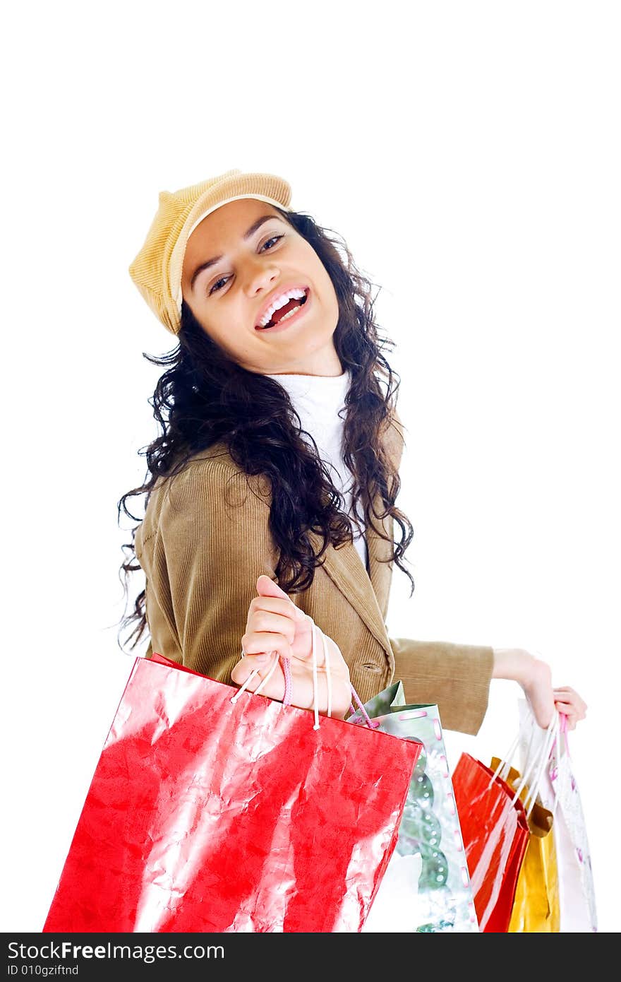 Attractive young happy lady with shopping bags, isolated on white background. Attractive young happy lady with shopping bags, isolated on white background