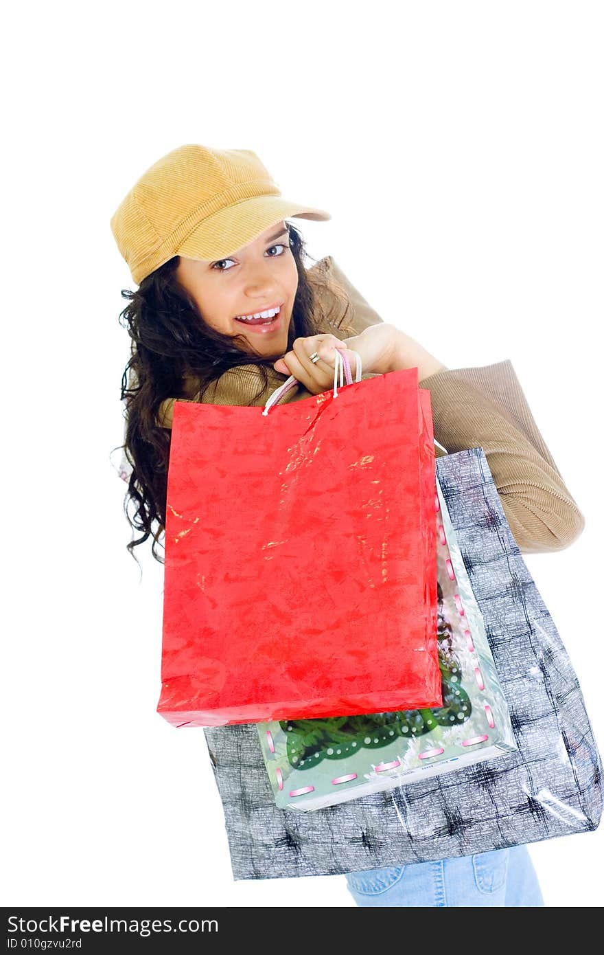 Attractive young happy lady with shopping bags, isolated on white background. Attractive young happy lady with shopping bags, isolated on white background