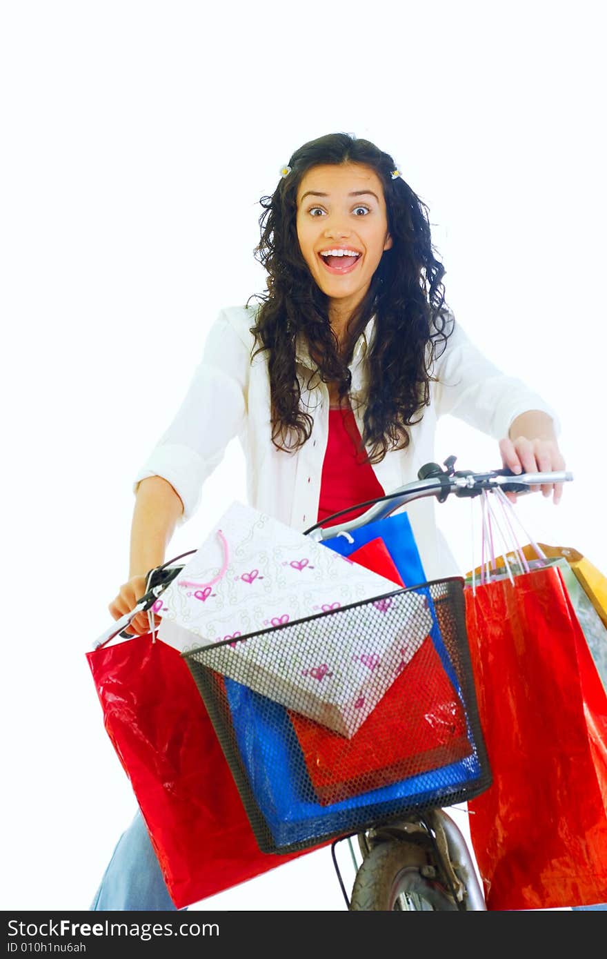 Attractive young happy lady with shopping bags, isolated on white background. Attractive young happy lady with shopping bags, isolated on white background