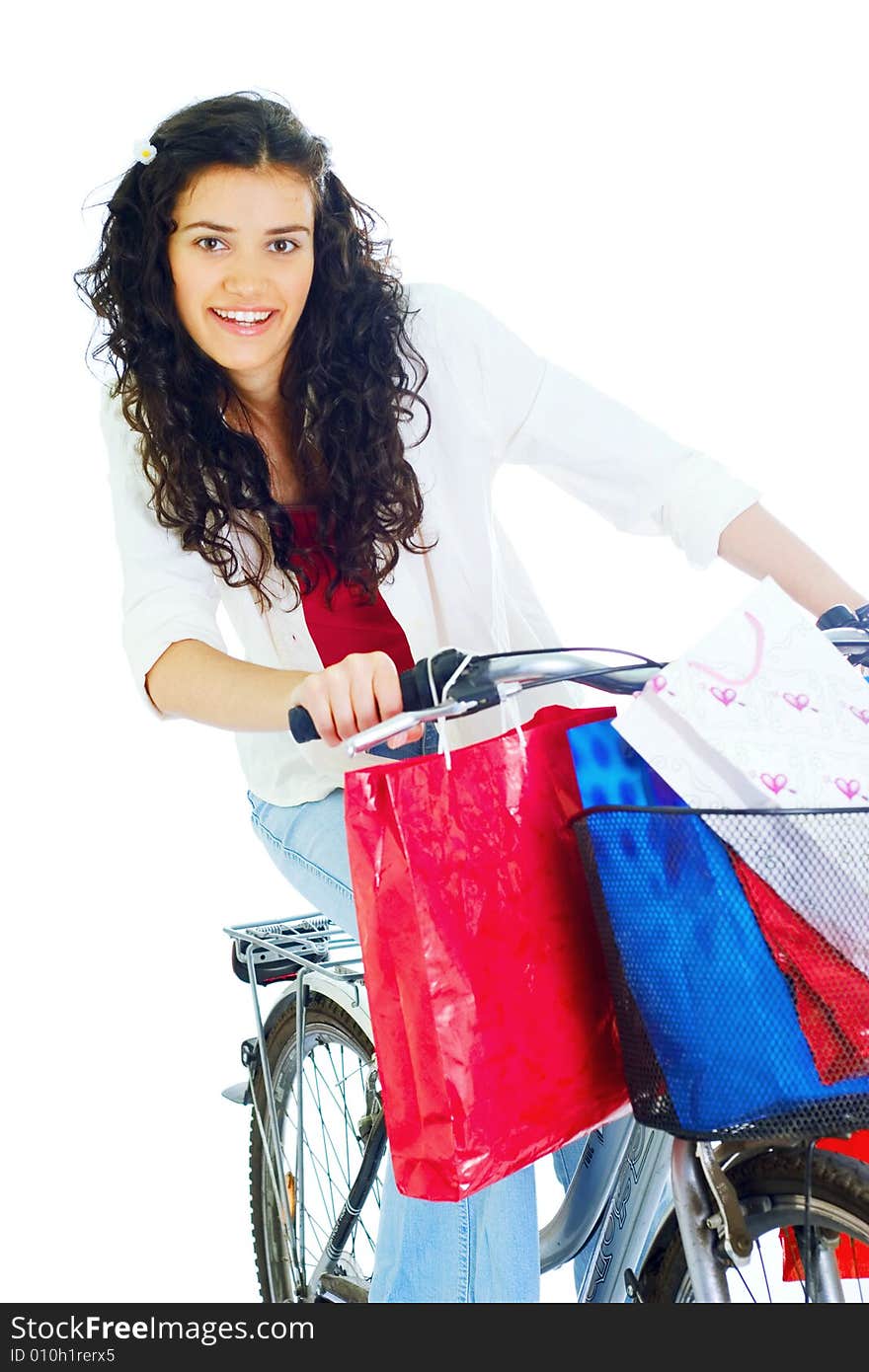 Attractive young happy lady with shopping bags, isolated on white background. Attractive young happy lady with shopping bags, isolated on white background