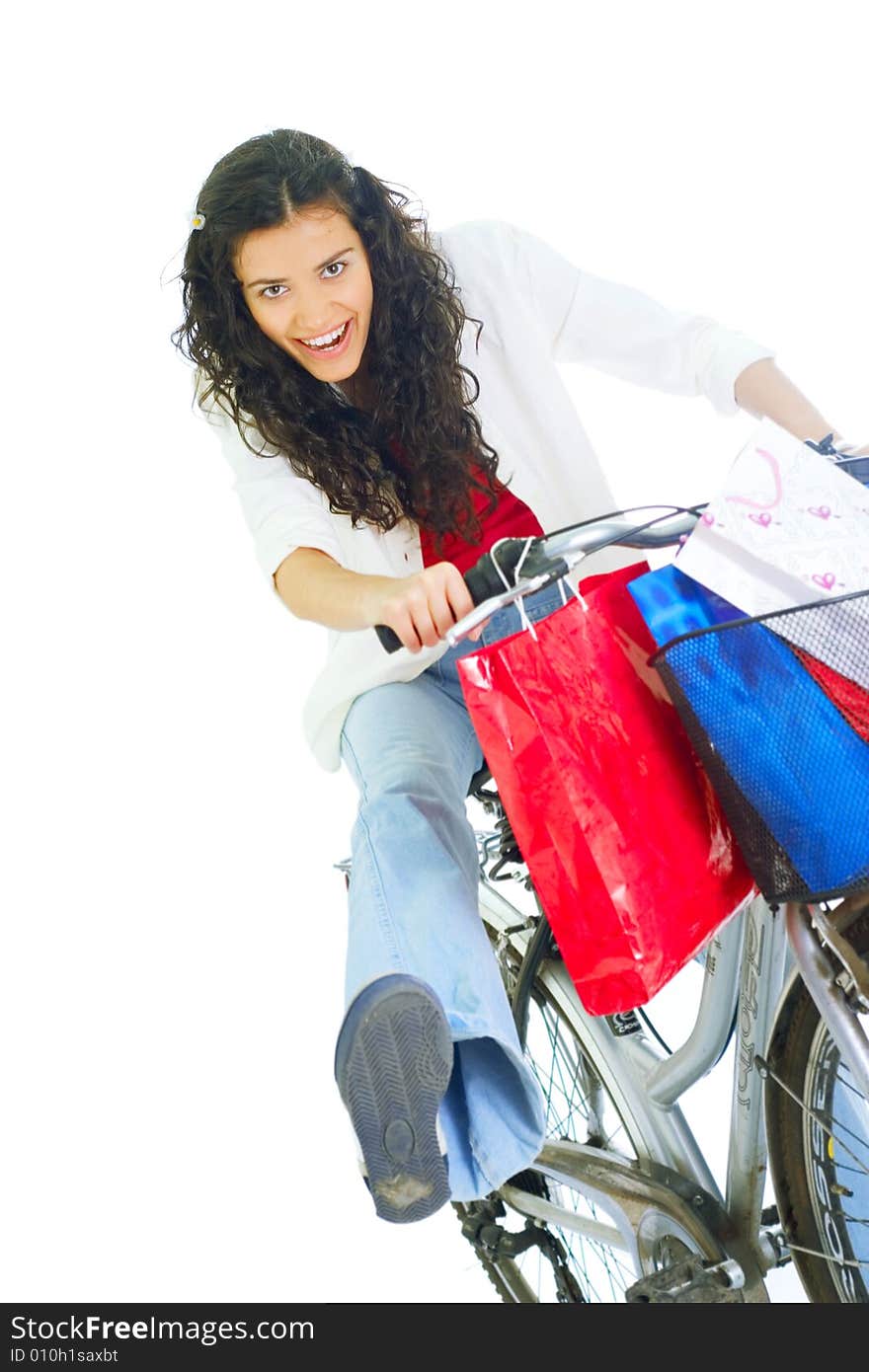 Attractive young happy lady with shopping bags, isolated on white background. Attractive young happy lady with shopping bags, isolated on white background