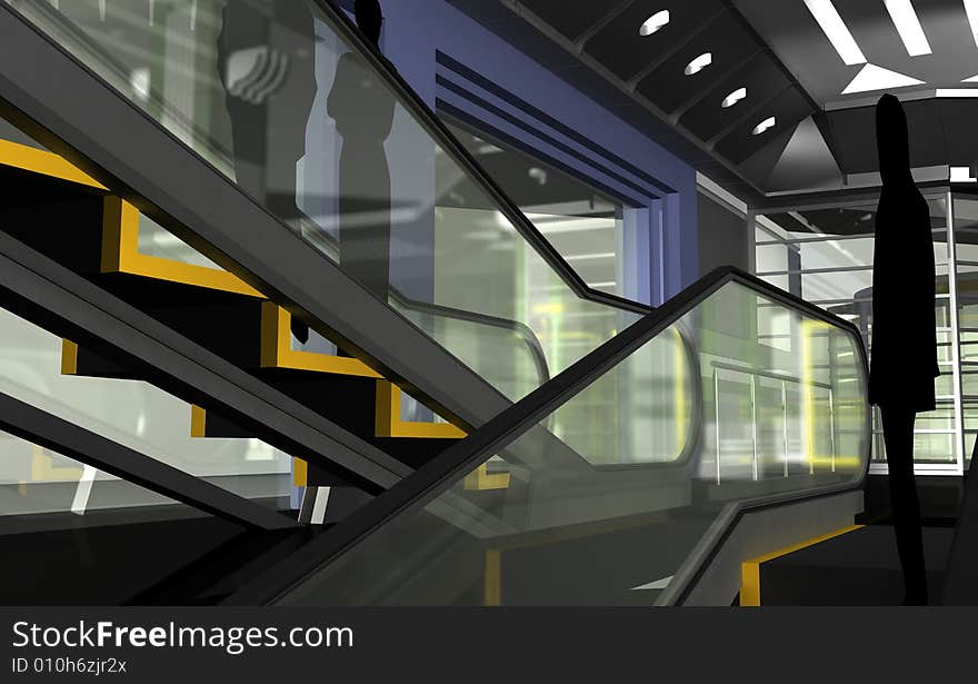 Illustration of people moving on escalator. Illustration of people moving on escalator