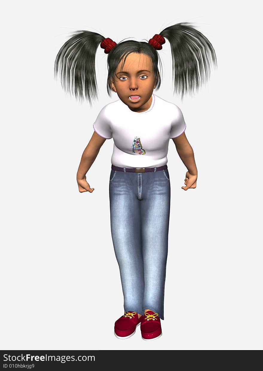 Angry young girl, 3 dimensional model, computer generated image