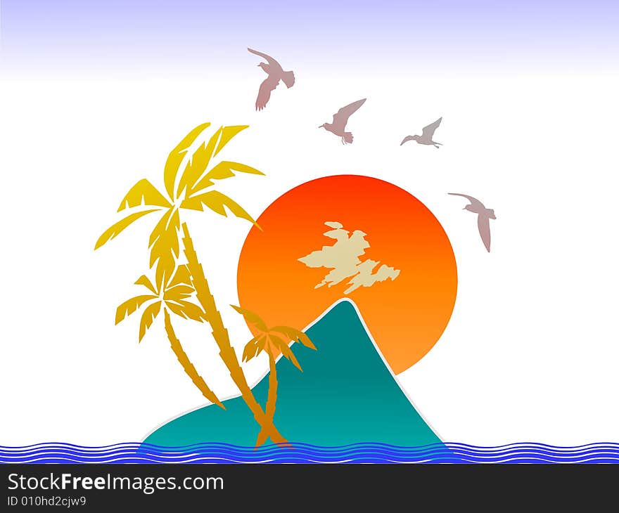 Sunset, tropical island, palms and birds