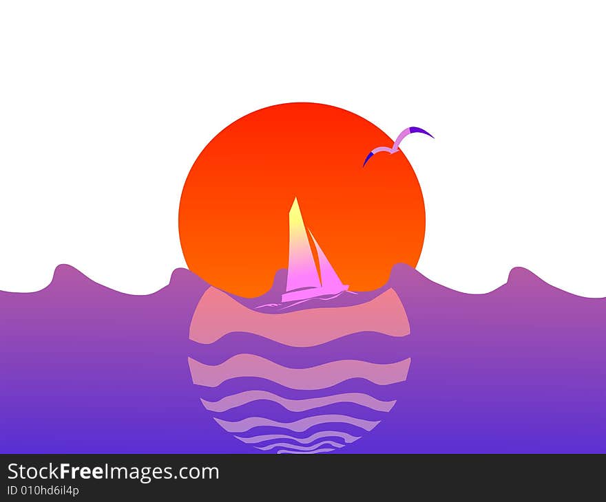 Summer sunset with bird and yacht. Summer sunset with bird and yacht