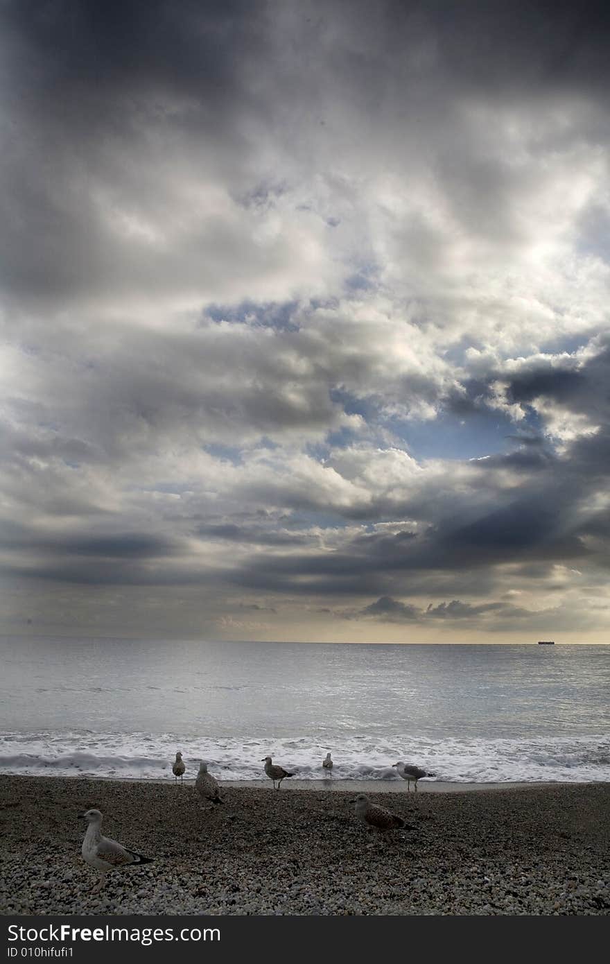 A cloudy sky with sea-cobs on the beach. A cloudy sky with sea-cobs on the beach