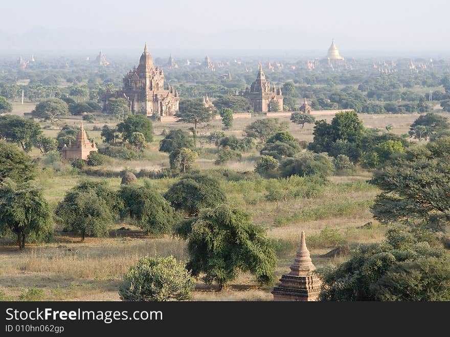 Landscape in bagan area, myanmar. Ancient pagoda on the plain.