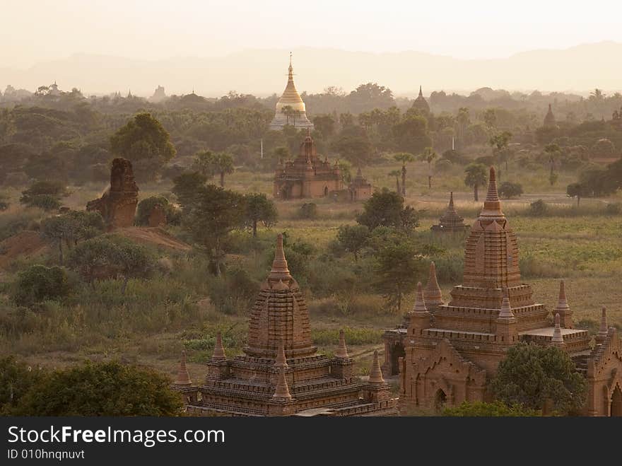 Landscape in bagan area, myanmar. Ancient pagoda on the plain.