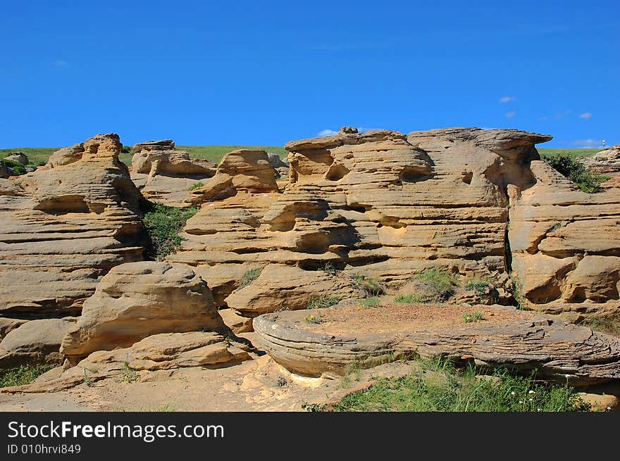 Hoodoos and sandstones in writing-on-stone provincial park, alberta, canada