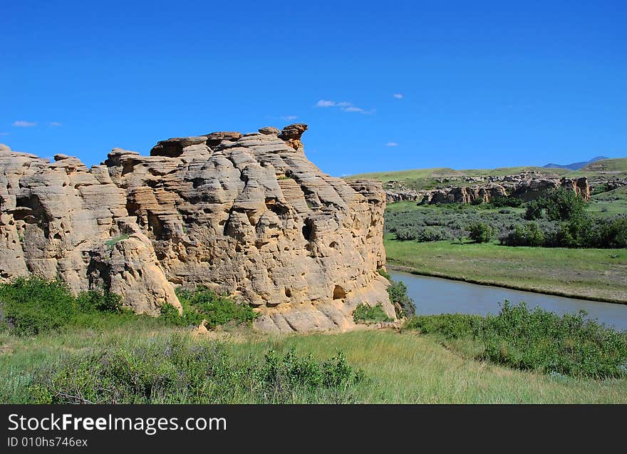 Hoodoos and sandstones in writing-on-stone provincial park, alberta, canada