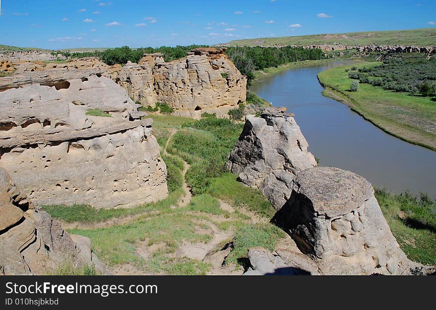 Hoodoos and sandstones in writing-on-stone provincial park, alberta, canada