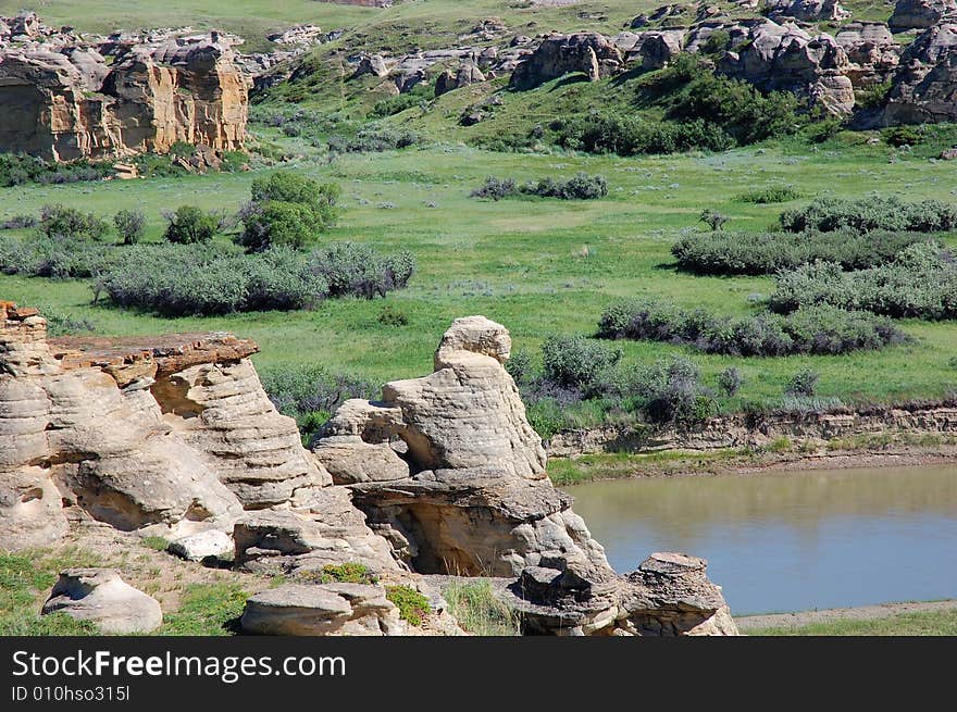 Hoodoos and sandstones in writing-on-stone provincial park, alberta, canada