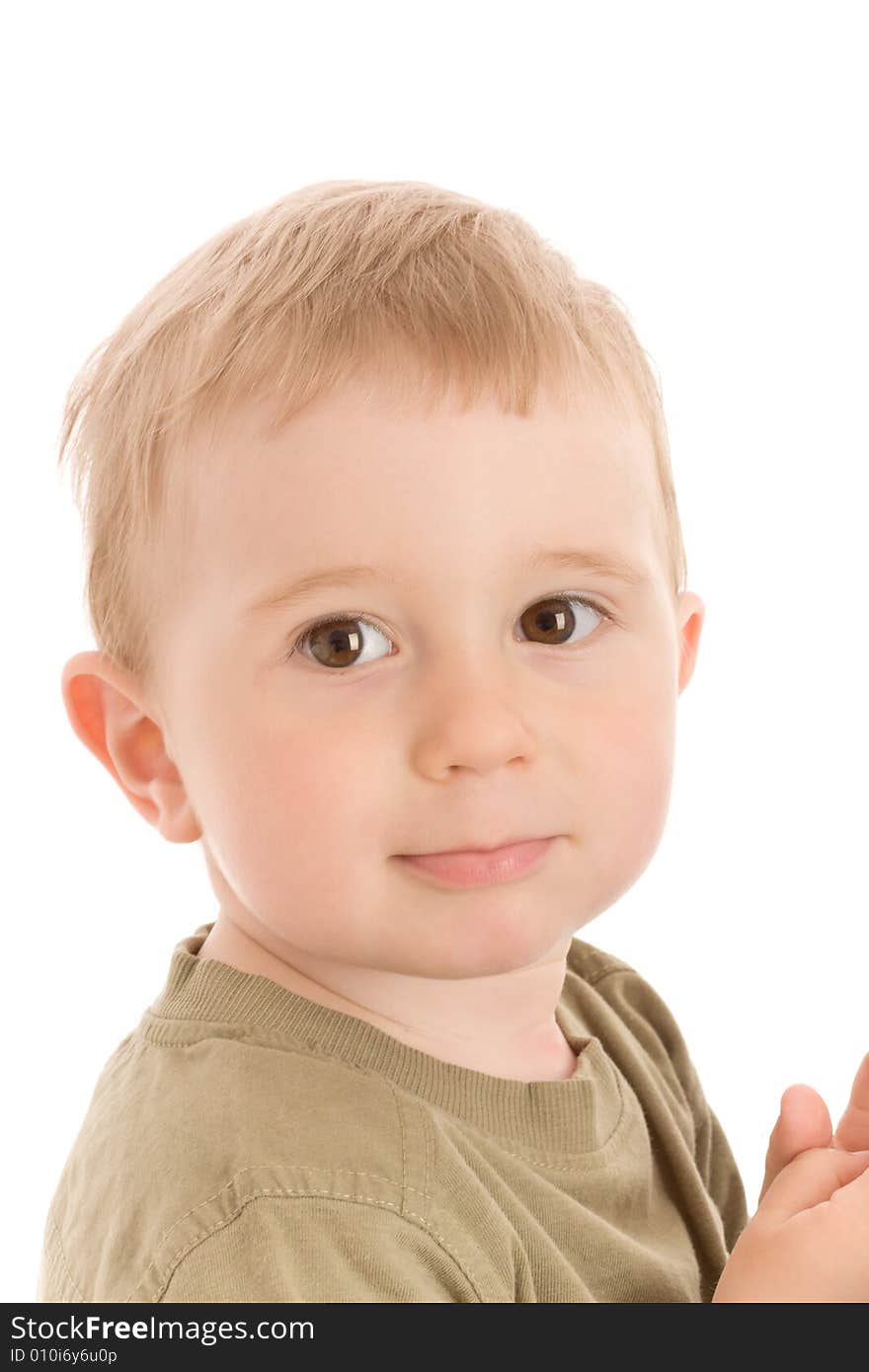 Portrait of little boy isolated on white background.