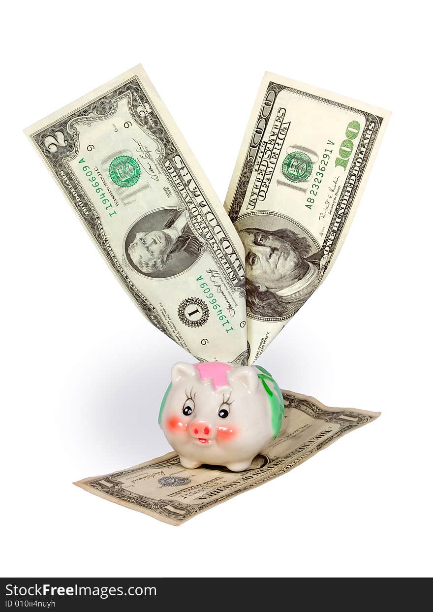 Piggy bank with dollars on white background