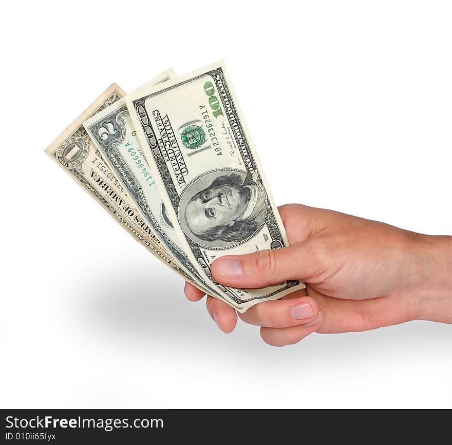 Dollars in hand on white background