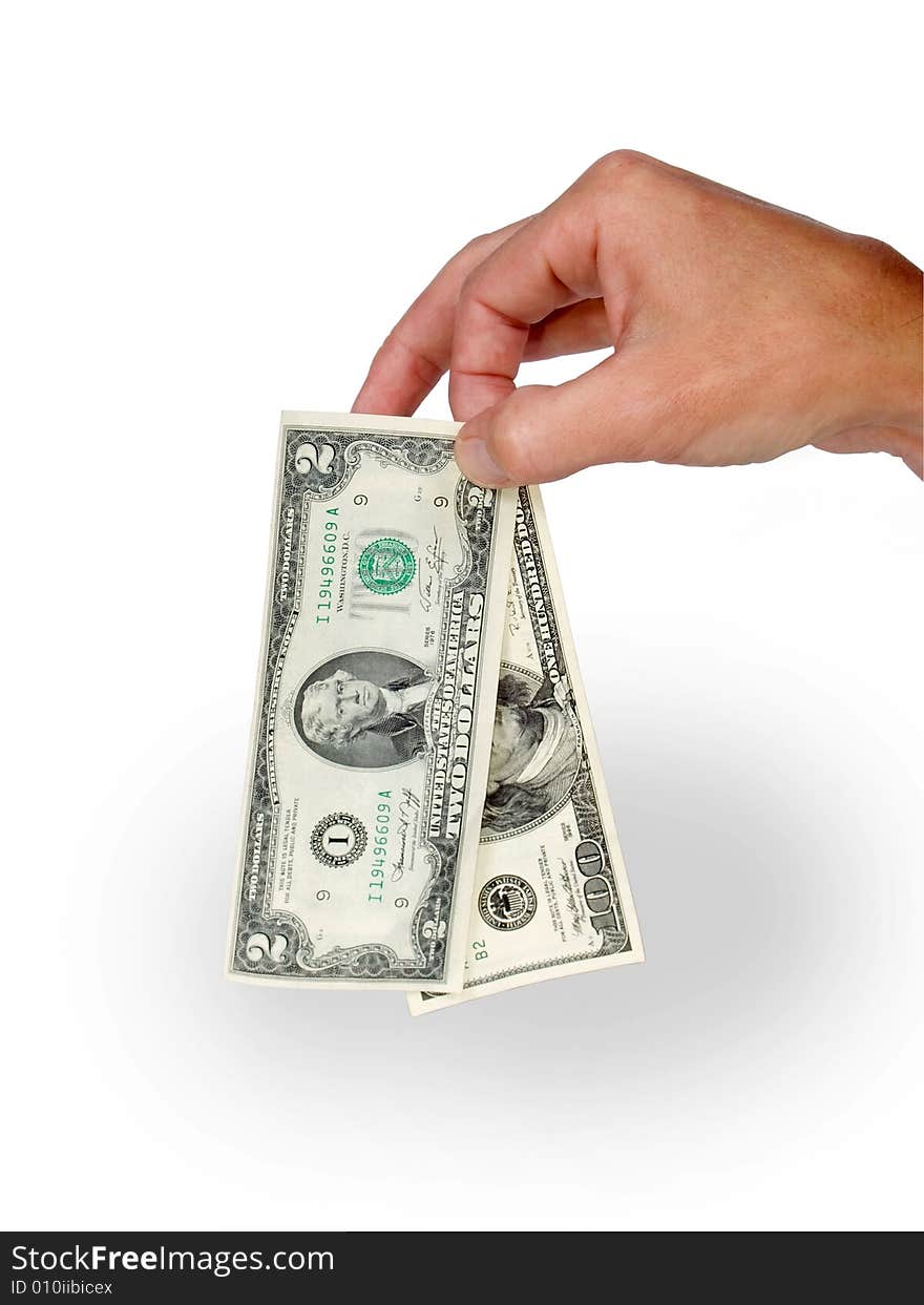 Dollars in hand on white background