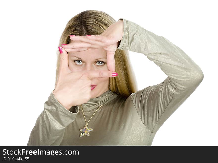 Long blond hair  woman face in fingers frame