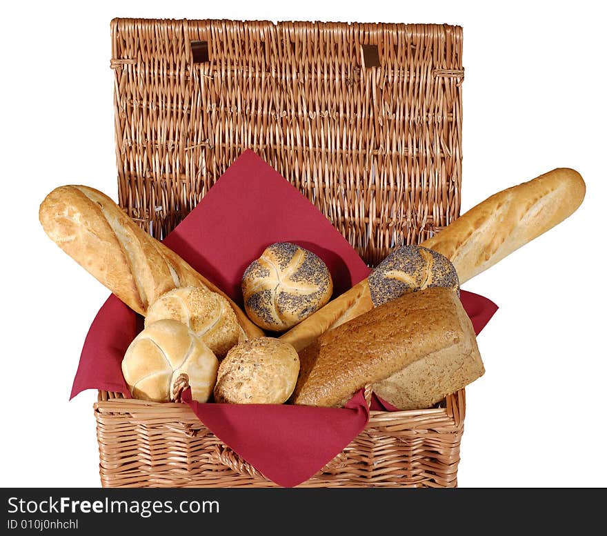 Bread and rolls in a wicker basket