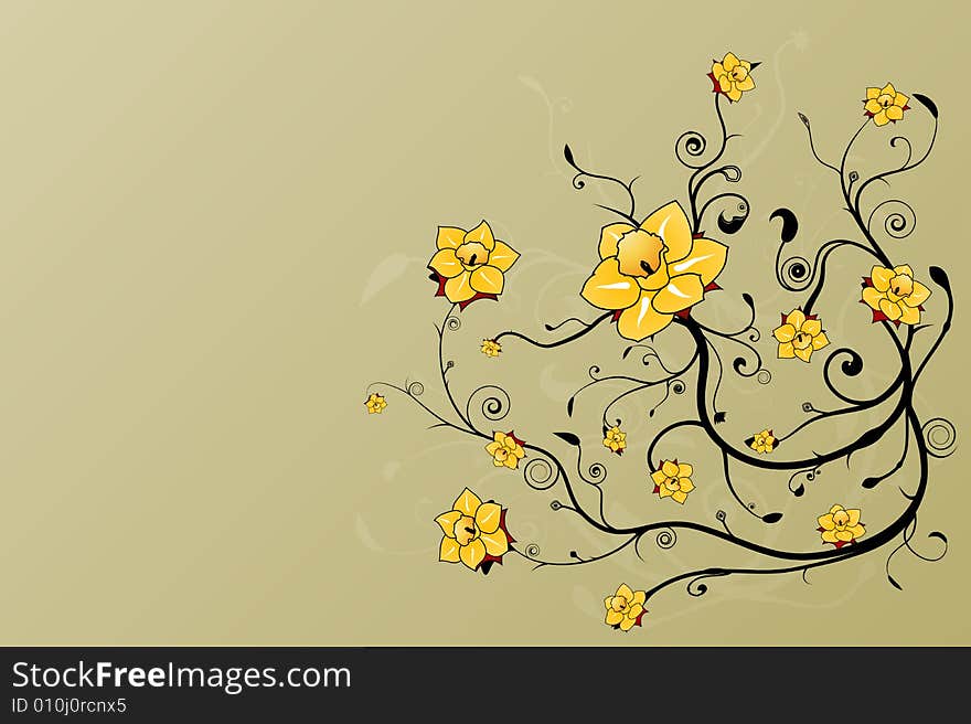 Vector illustration of a beautiful floral grunge background with stylized flowers and art spirals.