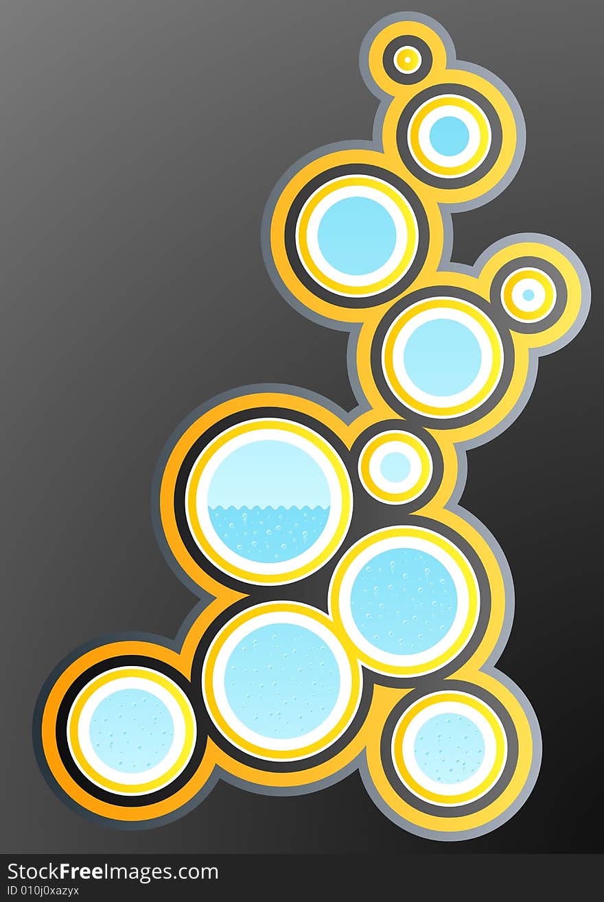 Vector illustration of a funky retro design element with circle art filled with water and bubbles. Vector illustration of a funky retro design element with circle art filled with water and bubbles.