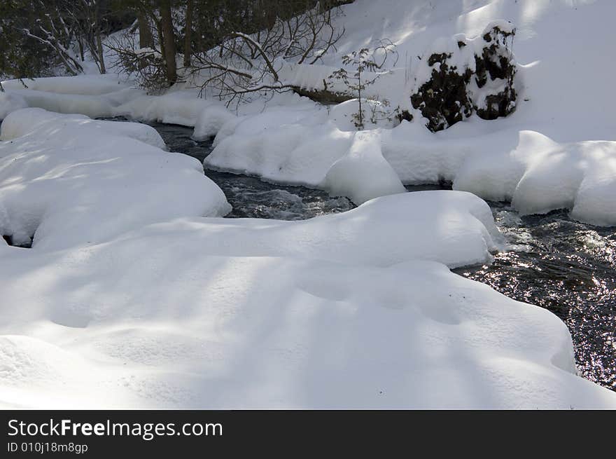 Flowing water between snow and ice