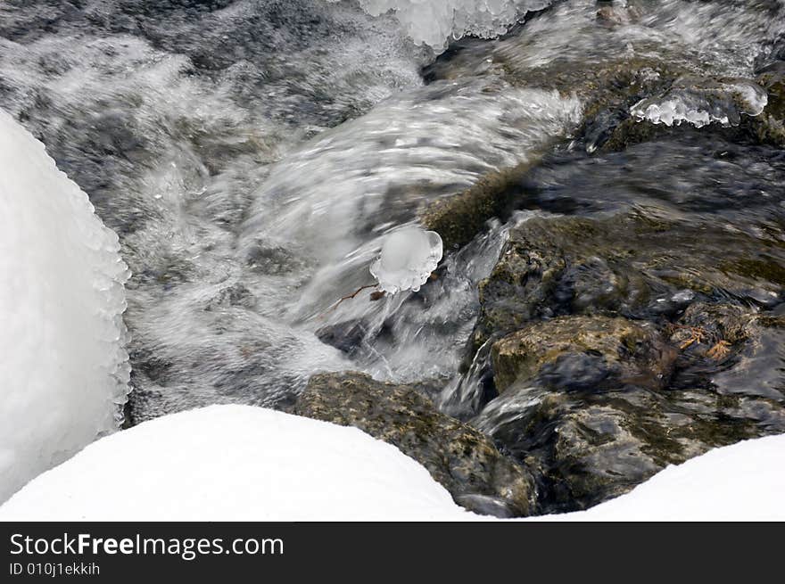 Flowing water between snow and ice