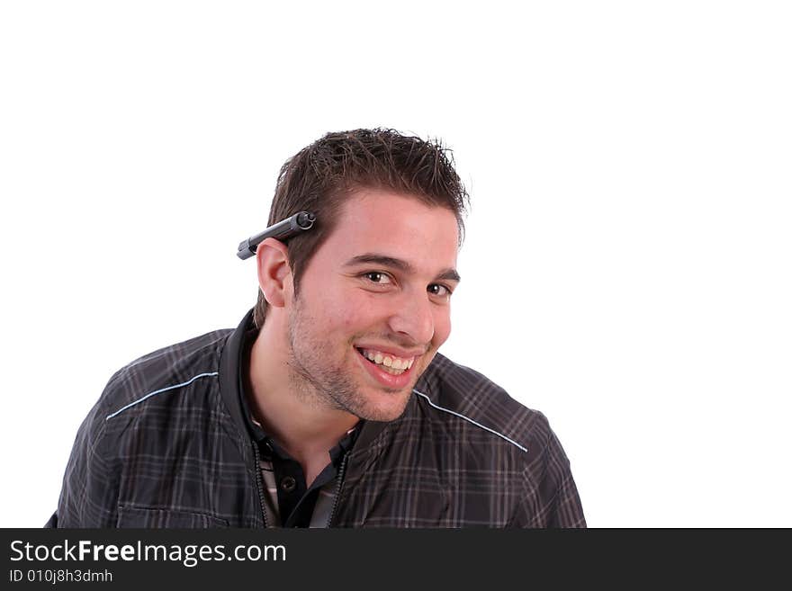 Young businessman, full of thoughts, isolated in white background