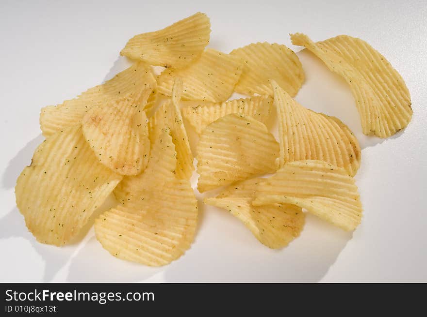 Pile of potato chips close-up