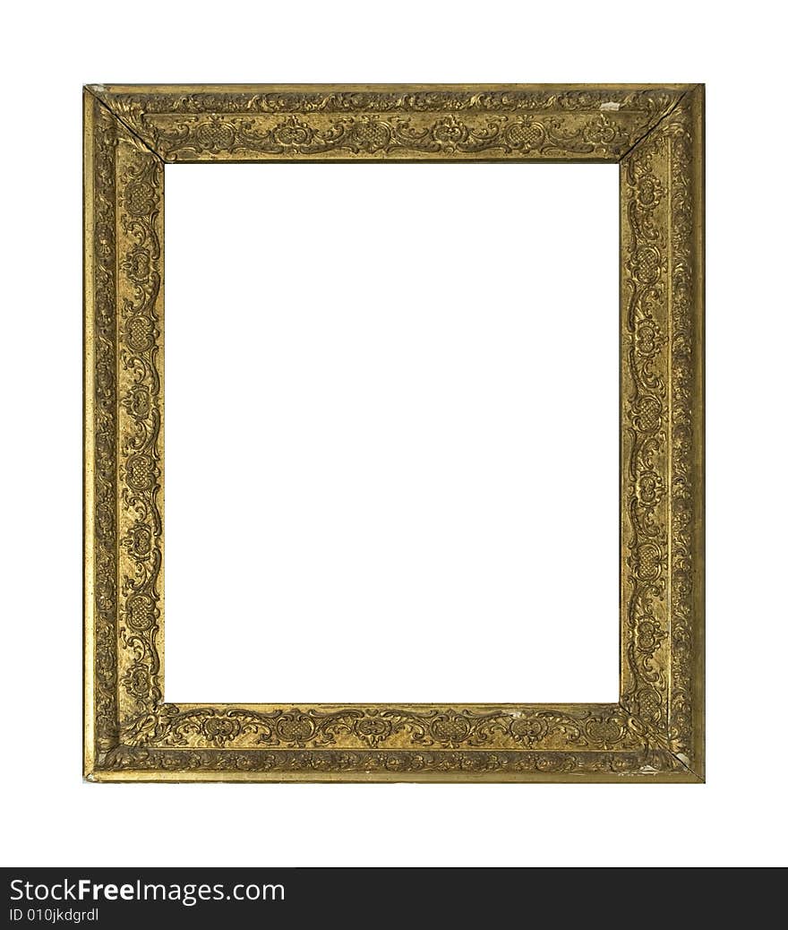 Old and rusty golden painting frame isolated on white. Old and rusty golden painting frame isolated on white