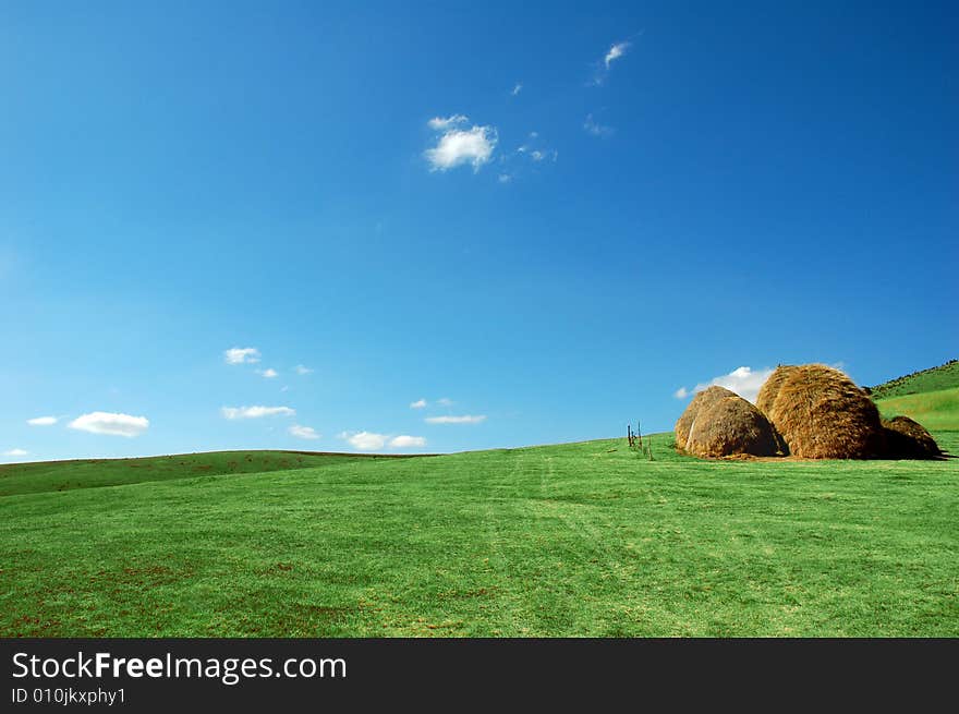 A green country field with mowed grass pressed in haystacks