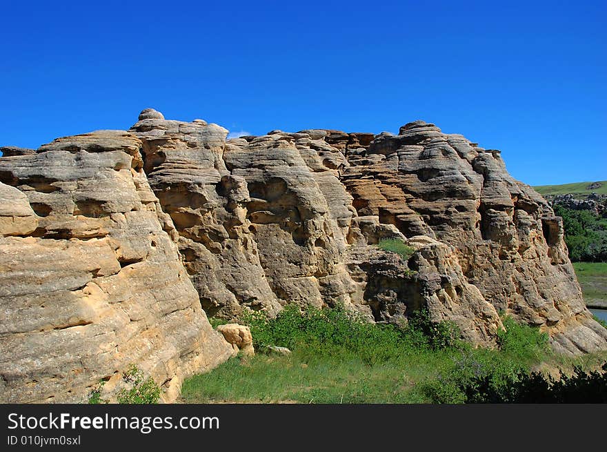 Hoodoos and sandstones in writing-on-stone provincial park, alberta, canada