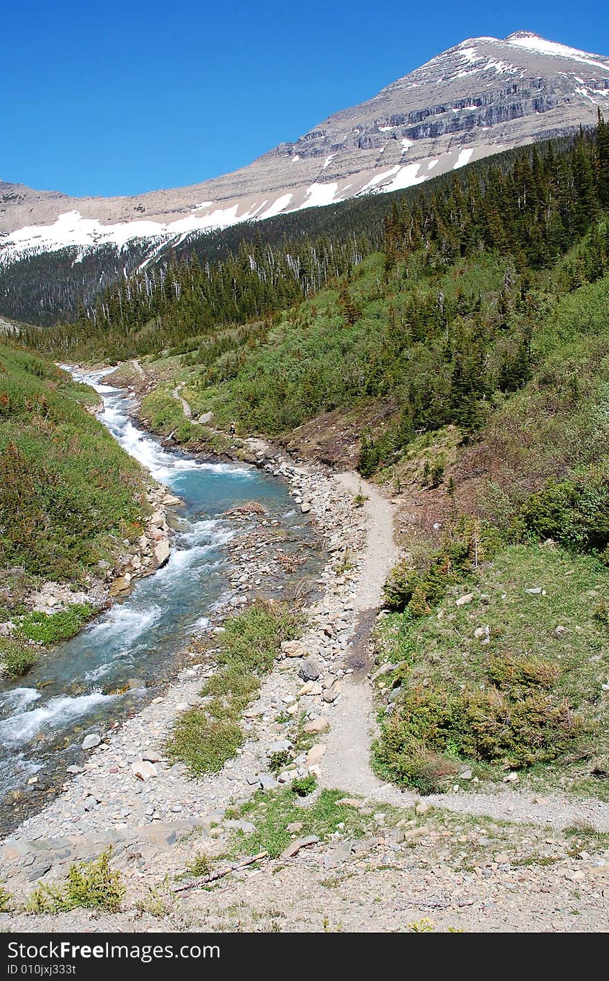 Snow mountain and river in glacier national park, usa. Snow mountain and river in glacier national park, usa