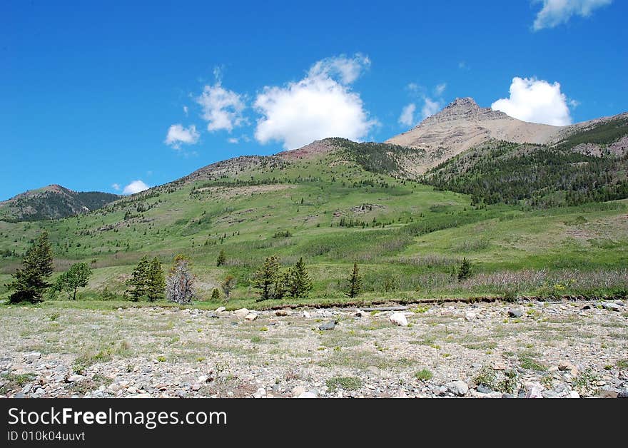 Mountains and river in waterton lakes national park, alberta, canada