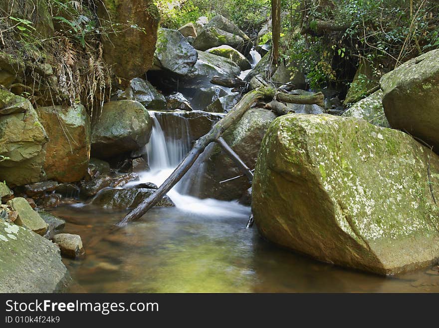 Mountain Stream With Waterfall And Fallen Branches