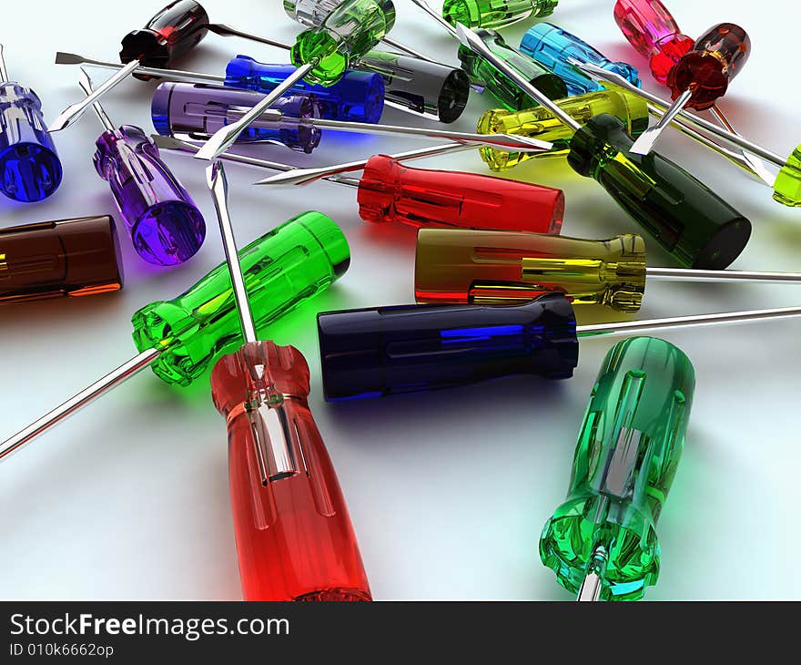 An assortment of various colors of screwdrivers. An assortment of various colors of screwdrivers.