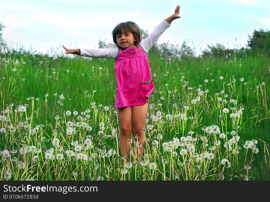 A little girl jumping on the meadow. A little girl jumping on the meadow