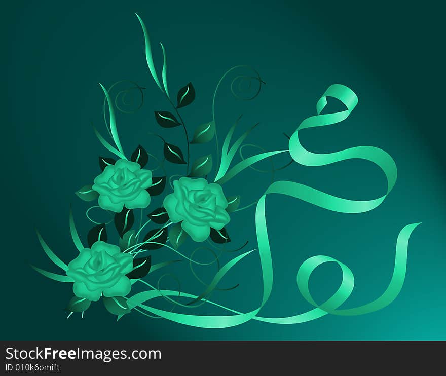 Green abstract background with a flower pattern and tapes. Green abstract background with a flower pattern and tapes