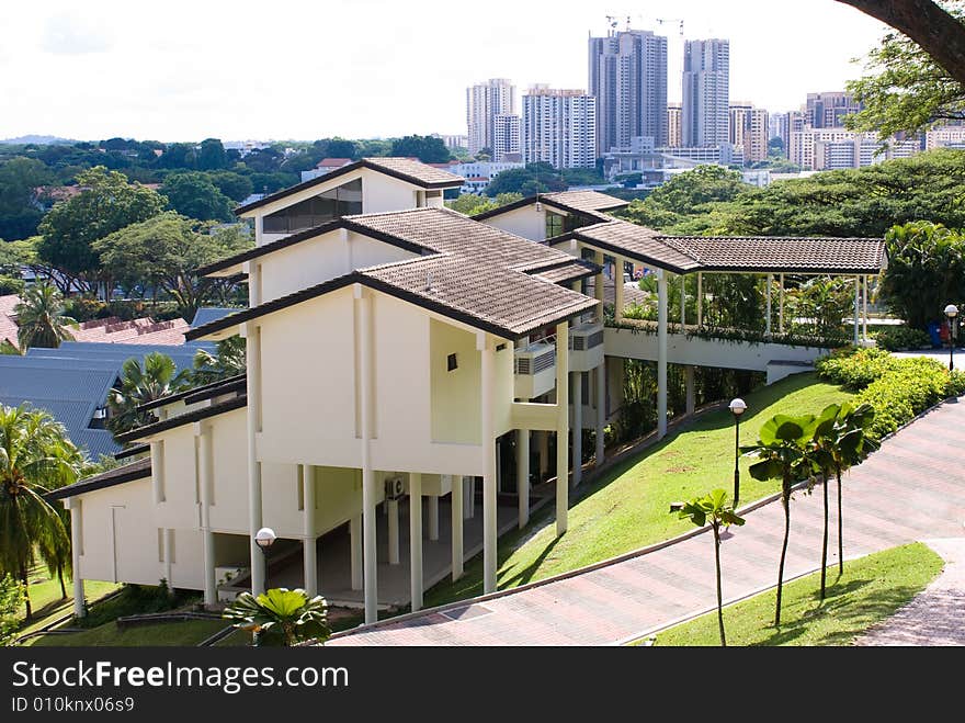 Tropical architecture with long stand in green environment